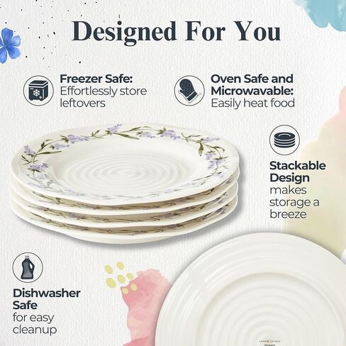 طبق سلطة بورتميريون صوفي كونران لافاندولا - طبق بورسلين مقاس 8 بوصة بتصميم مموج وزخارف لافندر، مثالي لوجبات الإفطار والغداء وحفلات الحديقة ووجبات الغداء غير الرسمية ووجبات العشاء الأنيقة - آمن للاستخدام في غسالة الأطباق in Kuwait