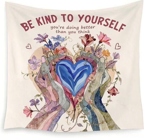 LADOCK Inspirational Mental Health Wall Tapestry, Be Kind to Yourself Floral Heart in Hands Psychology Tapestry Wall Hanging Decor for Therapy Counselor Office Home, 50x60 Inch in Kuwait