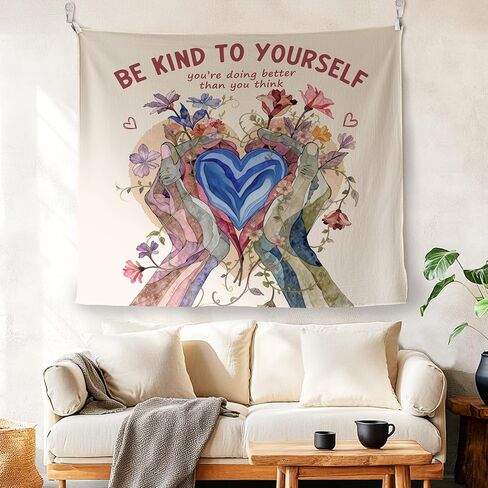 LADOCK Inspirational Mental Health Wall Tapestry, Be Kind to Yourself Floral Heart in Hands Psychology Tapestry Wall Hanging Decor for Therapy Counselor Office Home, 50x60 Inch in Kuwait