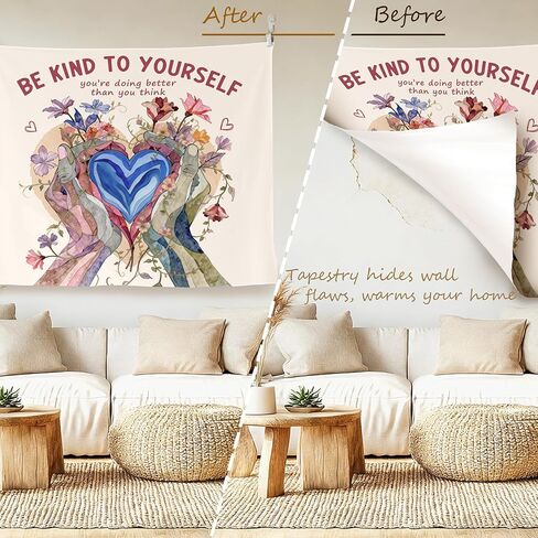 LADOCK Inspirational Mental Health Wall Tapestry, Be Kind to Yourself Floral Heart in Hands Psychology Tapestry Wall Hanging Decor for Therapy Counselor Office Home, 50x60 Inch in Kuwait
