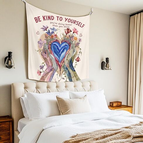 LADOCK Inspirational Mental Health Wall Tapestry, Be Kind to Yourself Floral Heart in Hands Psychology Tapestry Wall Hanging Decor for Therapy Counselor Office Home, 50x60 Inch in Kuwait