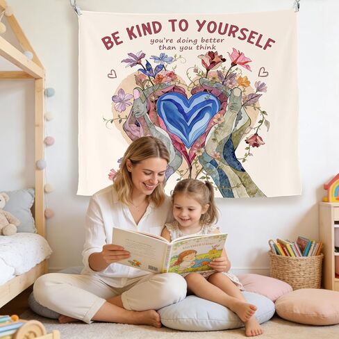 LADOCK Inspirational Mental Health Wall Tapestry, Be Kind to Yourself Floral Heart in Hands Psychology Tapestry Wall Hanging Decor for Therapy Counselor Office Home, 50x60 Inch in Kuwait