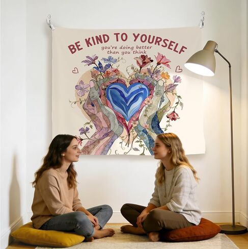 LADOCK Inspirational Mental Health Wall Tapestry, Be Kind to Yourself Floral Heart in Hands Psychology Tapestry Wall Hanging Decor for Therapy Counselor Office Home, 50x60 Inch in Kuwait