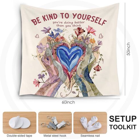 LADOCK Inspirational Mental Health Wall Tapestry, Be Kind to Yourself Floral Heart in Hands Psychology Tapestry Wall Hanging Decor for Therapy Counselor Office Home, 50x60 Inch in Kuwait