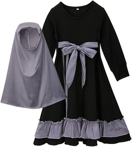 IDOPIP Muslim Girls Dress for Kids Long Sleeve Islamic Prayer Abaya Dress Maxi Kaftan Thobe with Hijab 2PCS Modest Clothes in Kuwait