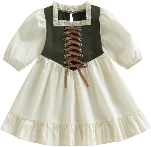 Toddler Little Girls Medieval Renaissance Dress Drawstring Lace Trim Square Neck Long Sleeve Ruffle Dress in Saudi Arabia
