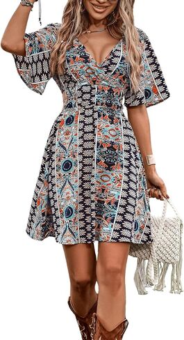 فستان نسائي غربي عتيق مزين بالورود ملابس راعية البقر فستان صيفي قصير بوهو in Kuwait