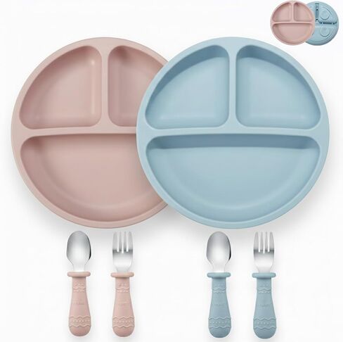 PandaEar Baby Feeding Set| 2 Pack Silicone Divided Suction Plate, 2 Set Toddler Spoons & Forks| Baby Led Weaning Supplies Self Feeding Eating Utensils in Saudi Arabia