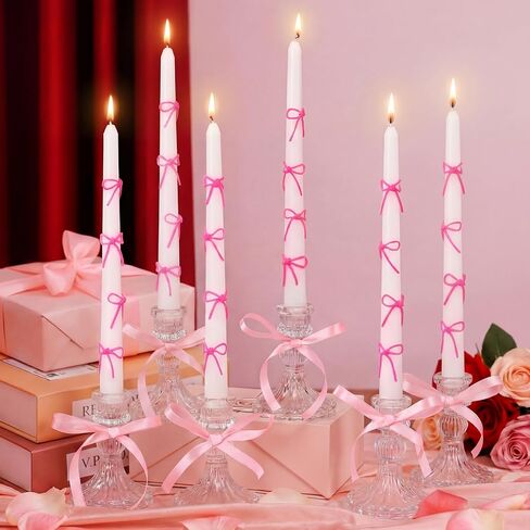 12 Set Pink Bow Party Suppies Pink Bow Candles Valentine Taper Candles Sticks with 3 Colors Wax Sticks Wedding Dinner Decor for Valentines Birthday Decor Galentines Day Gifts for Women in Saudi Arabia