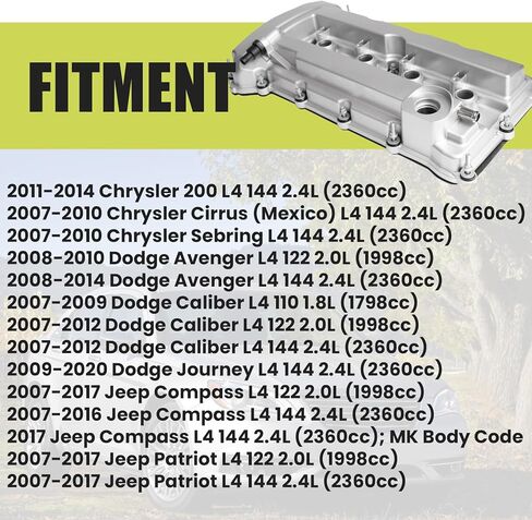 Engine Valve Cover Compatible with Dodge Avenger Caliber Journey 2007-2020, Chrysler 200 Sebring 2007-2014, Jeep Compass Patriot 2007-2017 1.8L 2.0L 2.4L 264-748 with Gasket & Bolts in Saudi Arabia