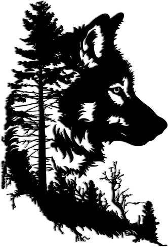 Slickss Wolf جدار الفن - شجرة جدار الفن في الهواء الطلق وداخل المنزل ديكور غرفة نوم باردة، ديكور الذئب المعدني مع تصميم شجرة لغرفة المعيشة - الطبيعة تحت عنوان هدايا الذئب مثالية لعيد الميلاد، هووسورمينغ (14.6 "× 9.8") in Saudi Arabia