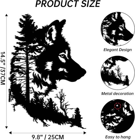 Slickss Wolf جدار الفن - شجرة جدار الفن في الهواء الطلق وداخل المنزل ديكور غرفة نوم باردة، ديكور الذئب المعدني مع تصميم شجرة لغرفة المعيشة - الطبيعة تحت عنوان هدايا الذئب مثالية لعيد الميلاد، هووسورمينغ (14.6 "× 9.8") in Saudi Arabia