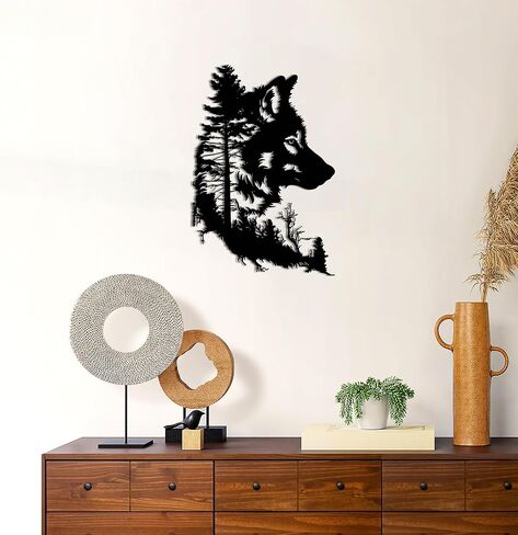 Slickss Wolf جدار الفن - شجرة جدار الفن في الهواء الطلق وداخل المنزل ديكور غرفة نوم باردة، ديكور الذئب المعدني مع تصميم شجرة لغرفة المعيشة - الطبيعة تحت عنوان هدايا الذئب مثالية لعيد الميلاد، هووسورمينغ (14.6 "× 9.8") in Saudi Arabia