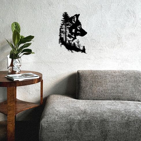 Slickss Wolf جدار الفن - شجرة جدار الفن في الهواء الطلق وداخل المنزل ديكور غرفة نوم باردة، ديكور الذئب المعدني مع تصميم شجرة لغرفة المعيشة - الطبيعة تحت عنوان هدايا الذئب مثالية لعيد الميلاد، هووسورمينغ (14.6 "× 9.8") in Saudi Arabia