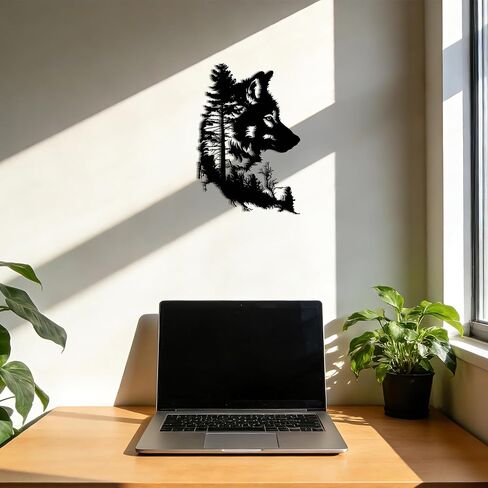 Slickss Wolf جدار الفن - شجرة جدار الفن في الهواء الطلق وداخل المنزل ديكور غرفة نوم باردة، ديكور الذئب المعدني مع تصميم شجرة لغرفة المعيشة - الطبيعة تحت عنوان هدايا الذئب مثالية لعيد الميلاد، هووسورمينغ (14.6 "× 9.8") in Saudi Arabia