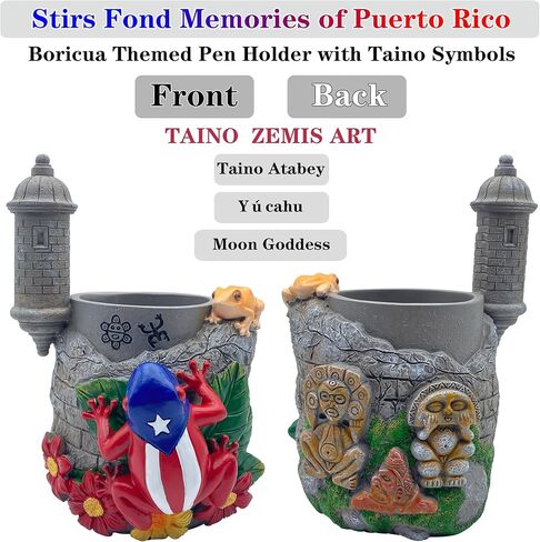 Puerto Rico Souvenirs, Coqui Pencil Holder, Boricua Themed Pen Holder with Taíno Symbols, Atabey, Yúcahu, Moon Goddess, Old San Juan Garita Morro, Hibiscus Puerto Rican Flag Handcrafted Crafts in Saudi Arabia