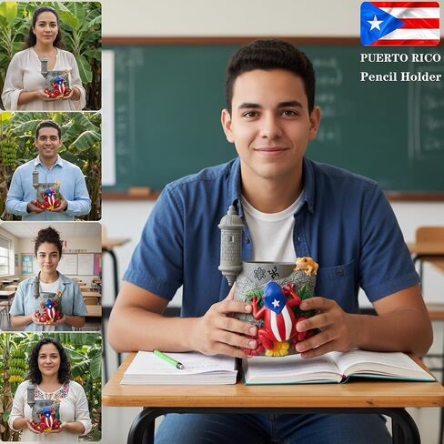 Puerto Rico Souvenirs, Coqui Pencil Holder, Boricua Themed Pen Holder with Taíno Symbols, Atabey, Yúcahu, Moon Goddess, Old San Juan Garita Morro, Hibiscus Puerto Rican Flag Handcrafted Crafts in Saudi Arabia