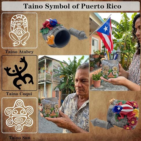 Puerto Rico Souvenirs, Coqui Pencil Holder, Boricua Themed Pen Holder with Taíno Symbols, Atabey, Yúcahu, Moon Goddess, Old San Juan Garita Morro, Hibiscus Puerto Rican Flag Handcrafted Crafts in Saudi Arabia