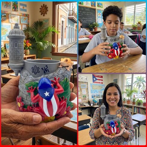 Puerto Rico Souvenirs, Coqui Pencil Holder, Boricua Themed Pen Holder with Taíno Symbols, Atabey, Yúcahu, Moon Goddess, Old San Juan Garita Morro, Hibiscus Puerto Rican Flag Handcrafted Crafts in Saudi Arabia