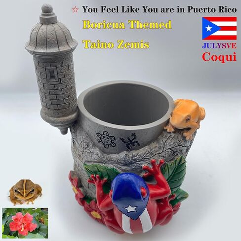 Puerto Rico Souvenirs, Coqui Pencil Holder, Boricua Themed Pen Holder with Taíno Symbols, Atabey, Yúcahu, Moon Goddess, Old San Juan Garita Morro, Hibiscus Puerto Rican Flag Handcrafted Crafts in Saudi Arabia