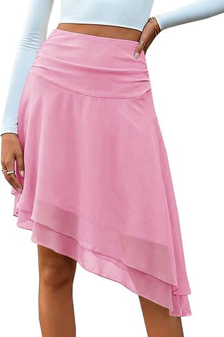 Wenrine Womens Mesh Midi Skirt Ruched Asymmetrica High Waisted Tiered Loose Party Club Long Skirts in Saudi Arabia
