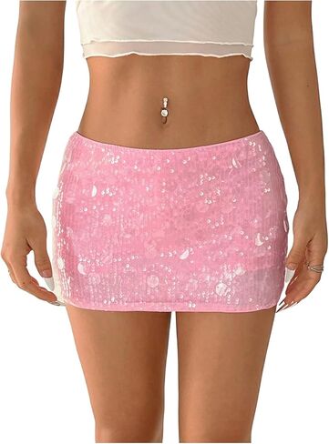 Women's Shiny Sequin Drop Waist Mini Skirts Night Out Concert Party Skinny Skirt in Kuwait