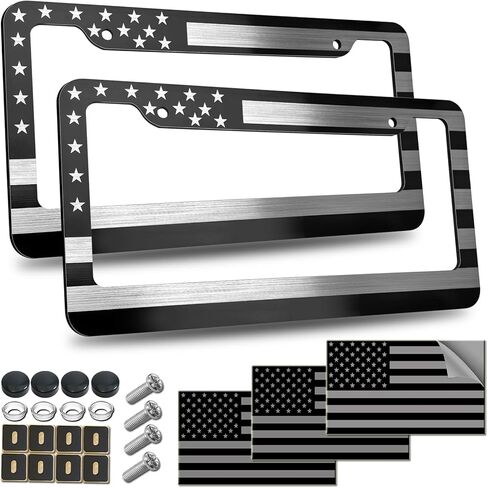 إطار لوحة ترخيص العلم الأمريكي - حامل إطار علامة سيارة وطني أسود بالولايات المتحدة الأمريكية، عبوتان من هجين من البلاستيك الشب مع لمسة نهائية مصقولة وملصقات أغطية براغي in Kuwait