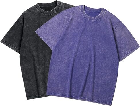 Mens Oversized T Shirt,Unisex Vintage Acid Wash Tshirt,Baggy Shirts,2 Pack,Black T-Shirt and Multicolored,S-5XL in Saudi Arabia