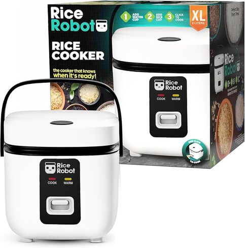 Rice Robot Personal Rice Cooker, PFAS-free, Nonstick. 1.2 Quart Capacity, with Stainless Steel Steamer Tray, Measuring Cups, Recipe Book with 60 Recipes, and Serving Spoon, As Seen On TV in Saudi Arabia
