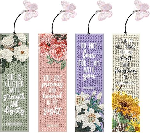 4 قطع من الإشارات المرجعية للرسم الماسي للكتاب المقدس، والإشارات المرجعية الفنية للزهور الماسية للبالغين مع قلادة، فن الأحجار الكريمة 5D، إشارة مرجعية أكريليك سهلة الصنع للحرف اليدوية لتزيين الكتب in Kuwait