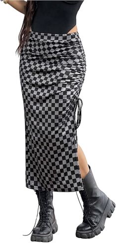 تنورة SHENHE النسائية ذات المربعات ذات فتحة متوسطة عالية الخصر ورباط مكشكش تنورة ضيقة للخريف in Kuwait