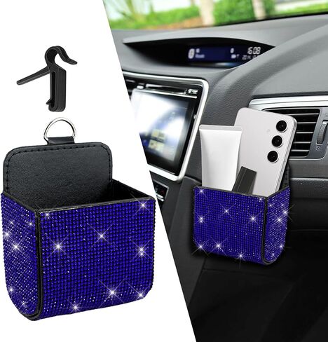 Car Vent Storage Organizer, Coin Holder for Car, Rhinestone Auto Vent Leather Pocket, Universal Car Accessories Bling Automotive Pouch Box with Hook Fit for Sunglasses, Key, Coin (Royal Blue) in Saudi Arabia