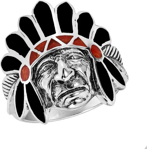AeraVida Native American Style Simulated Black Onyx with Reconstructed Red Coral Inlay .925 Silver Ring-7 in Saudi Arabia