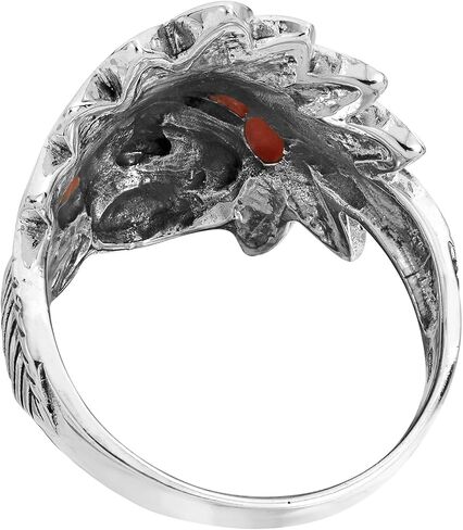 AeraVida Native American Style Simulated Black Onyx with Reconstructed Red Coral Inlay .925 Silver Ring-7 in Saudi Arabia