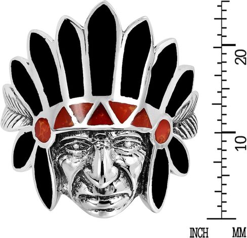 AeraVida Native American Style Simulated Black Onyx with Reconstructed Red Coral Inlay .925 Silver Ring-7 in Saudi Arabia