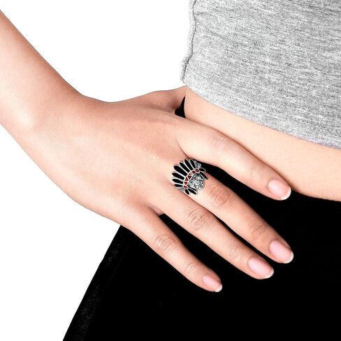 AeraVida Native American Style Simulated Black Onyx with Reconstructed Red Coral Inlay .925 Silver Ring-7 in Saudi Arabia