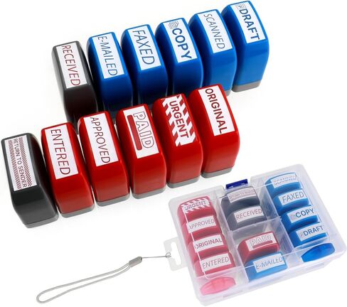 مجموعة طوابع ذاتية التحبير مكونة من 12 عبوة - حبر أحمر وأزرق للمكتب ومستندات الأعمال | طوابع مطاطية مسبقة الحبر (نسخة، مدفوعة، مسودة) | طوابع الأعمال الاحترافية للأعمال الورقية ورسائل البريد الإلكتروني والسجلات ورسائل البريد الإلكتروني in Kuwait
