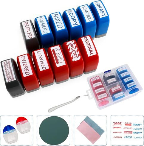 مجموعة طوابع ذاتية التحبير مكونة من 12 عبوة - حبر أحمر وأزرق للمكتب ومستندات الأعمال | طوابع مطاطية مسبقة الحبر (نسخة، مدفوعة، مسودة) | طوابع الأعمال الاحترافية للأعمال الورقية ورسائل البريد الإلكتروني والسجلات ورسائل البريد الإلكتروني in Kuwait