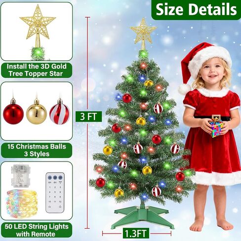 [ Remote Control & 8 Modes ] 3 Ft Christmas Tree with Timer 50 Warm White & Multi Color Lights, 15 DIY Ornaments 3D Star Topper - Artificial Small Christmas Tree for Home Indoor Tables - White in Kuwait