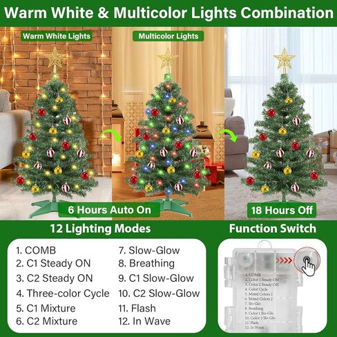 [ Remote Control & 8 Modes ] 3 Ft Christmas Tree with Timer 50 Warm White & Multi Color Lights, 15 DIY Ornaments 3D Star Topper - Artificial Small Christmas Tree for Home Indoor Tables - White in Kuwait