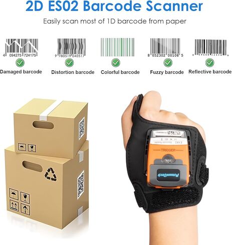 ES02 2D ماسح الباركود القابل للارتداء، قفاز بدون استخدام اليدين قارئ رمز الاستجابة السريعة مع بلوتوث، ماسح ضوئي لاسلكي لالتقاط المخزون للمستودعات والخدمات اللوجستية وتجارة التجزئة ونظام الإدارة in Kuwait