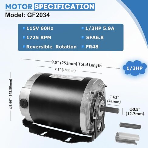 محرك منفاخ GF2034، إطار 1/3 HP 115V 1725 RPM 48، يستبدل Packard 45013، AO Smith/Century 316P169، Emerson 8100، GE BF4706 والمزيد - يتضمن مكثف in Kuwait