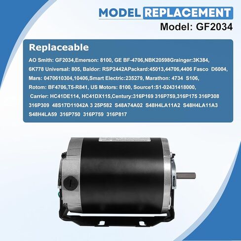 محرك منفاخ GF2034، إطار 1/3 HP 115V 1725 RPM 48، يستبدل Packard 45013، AO Smith/Century 316P169، Emerson 8100، GE BF4706 والمزيد - يتضمن مكثف in Kuwait