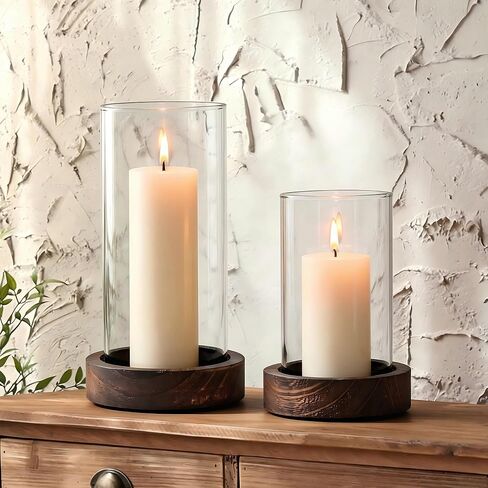 Set of 2 Hurricane Candle Holders with Wood Base & Glass Cylinder (4.2x5.9" & 4.6x7.8") – Rustic Wooden Candle Holders for Home Decor, Weddings, Table Centerpieces (2, Brown) in Saudi Arabia