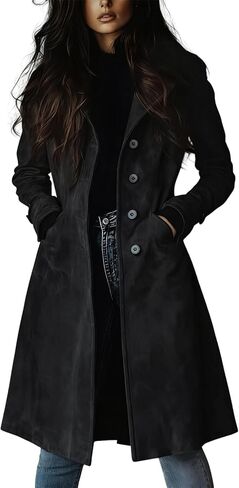 chouyatou Women's Fall Faux Suede Leather Trench Coat Casual Lapel Midi Long Dressy Blazer Jacket Coat with Pockets in Saudi Arabia
