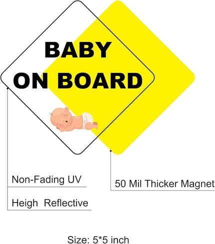 لافتات Lusinus Baby On Board للسيارة - عبوتان من الملصقات المغناطيسية العاكسة والمضحكة واللطيفة - علامات تنبيه أمان قابلة للإزالة للسائقين المبتدئين - 5 × 5 بوصات in Kuwait