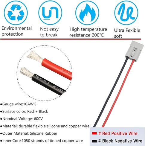 موصل البطارية، 600 فولت 50 أمبير توصيل/فصل التوصيل السريع، موصلات قابس البطارية، مع كابلات ربط البطارية 10AWG 25 سم (مجموعتان، رمادي) in Kuwait
