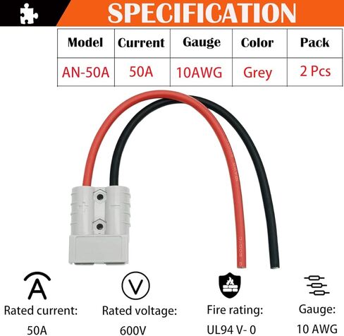موصل البطارية، 600 فولت 50 أمبير توصيل/فصل التوصيل السريع، موصلات قابس البطارية، مع كابلات ربط البطارية 10AWG 25 سم (مجموعتان، رمادي) in Kuwait
