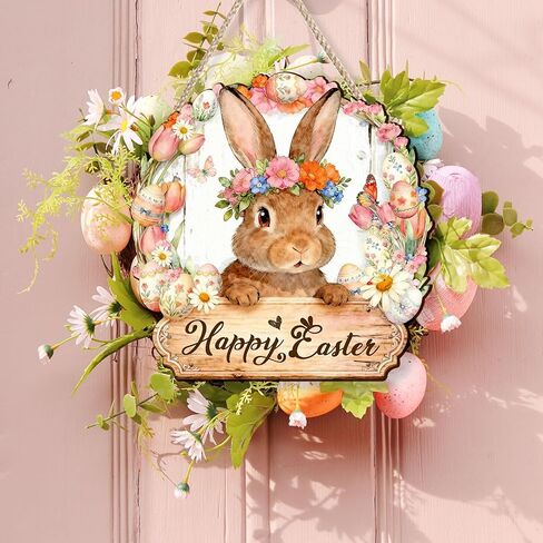 Pigort Wooden Easter Decoration Door Wreath for Front Door Sign Wall Signs Rabbit Spring Decoration, Hollow Bunny Sign Flower Egg Welcome Hanging for Home Wall Decor Party Outdoor indoor in Saudi Arabia