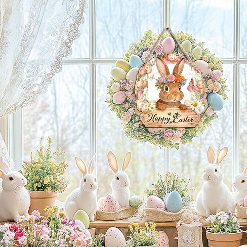 Pigort Wooden Easter Decoration Door Wreath for Front Door Sign Wall Signs Rabbit Spring Decoration, Hollow Bunny Sign Flower Egg Welcome Hanging for Home Wall Decor Party Outdoor indoor in Saudi Arabia